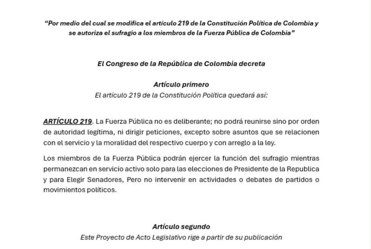 Este es el proyecto de acto legislativo para permitir el "voto militar".