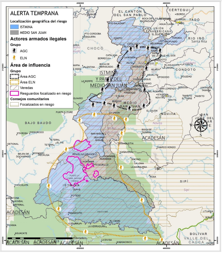 Posicionamiento del Eln (amarillo) y de las Agc (negro) en el sur del Chocó.