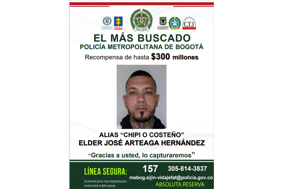 La Policía ofreció una recompensa de hasta $300 millones por información que permita la ubicación y captura de alias "Costeño", el hombre detrás de la logística en el atentado a Miguel Uribe Turbay.