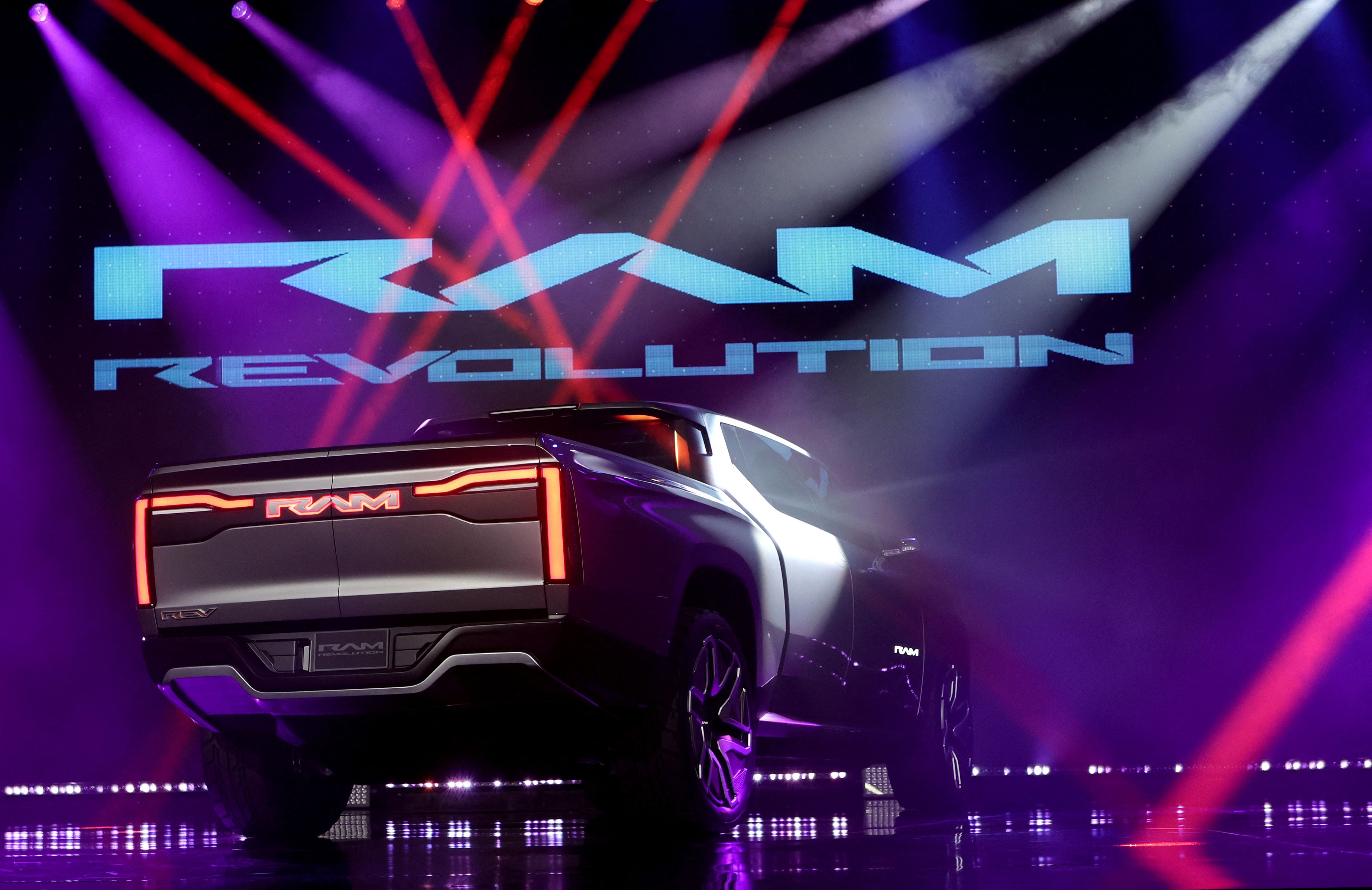 LAS VEGAS, NEVADA - JANUARY 05: Stellantis' Ram 1500 Revolution battery-electric concept pickup truck is introduced during a keynote address by Stellantis CEO Carlos Tavaras during CES 2023 at The Venetian Resort Las Vegas on January 05, 2023 in Las Vegas, Nevada. CES, the world's largest annual consumer technology trade show, runs through January 08 and features about 3,200 exhibitors showing off their latest products and services to more than 100,000 attendees. Ethan Miller/Getty Images/AFP (Photo by Ethan Miller / GETTY IMAGES NORTH AMERICA / AFP)