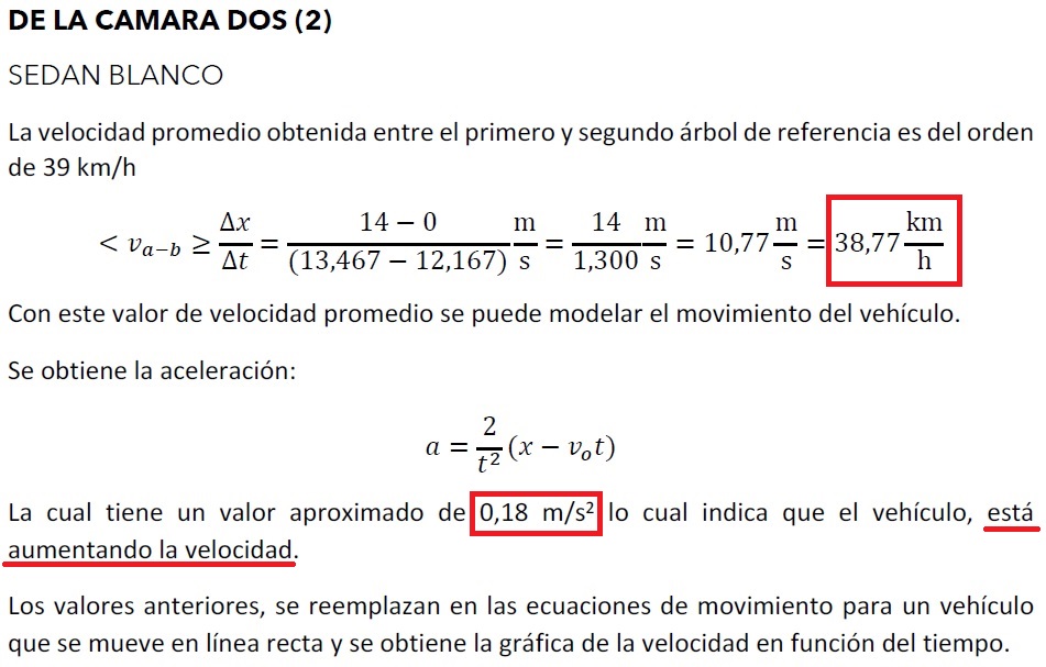 Fragmento del informe de física sobre las velocidades de los actores viales presentado en juicio.