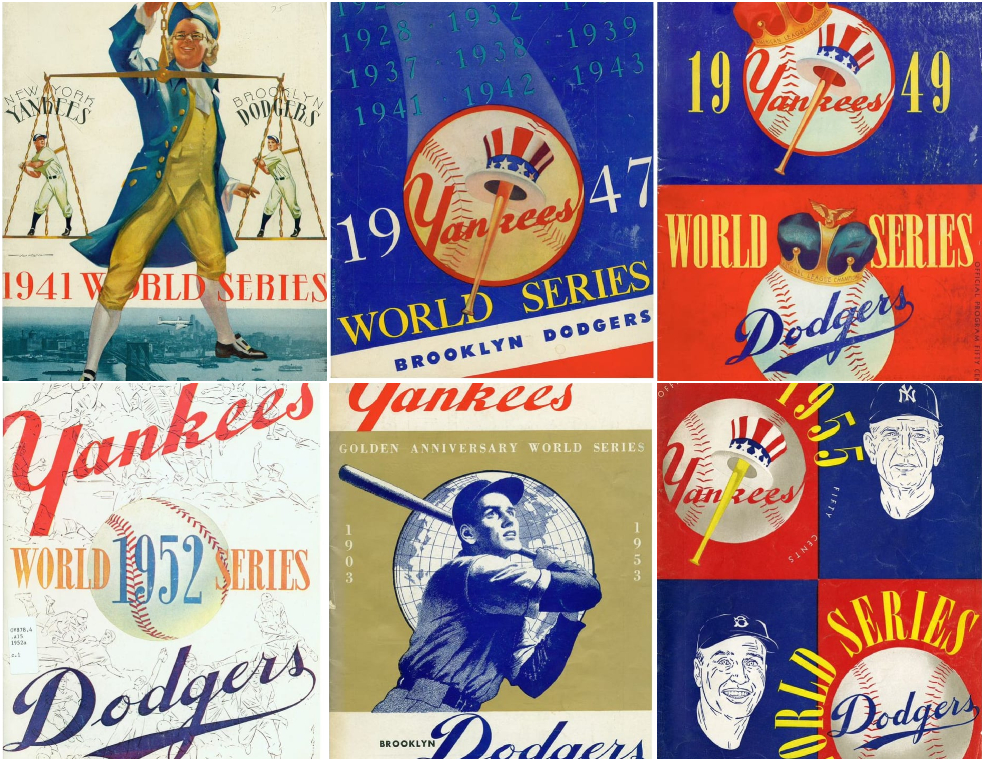 Afiches de las primeras seis Series Mundiales entre los Yanquis y los Dodgers. / Cortesía de Angel Benítez Escorcia