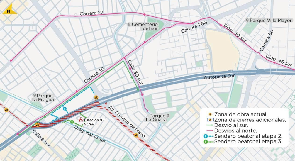 Nuevos cierres viales en la Autopista sur para dar paso a obras del Metro.