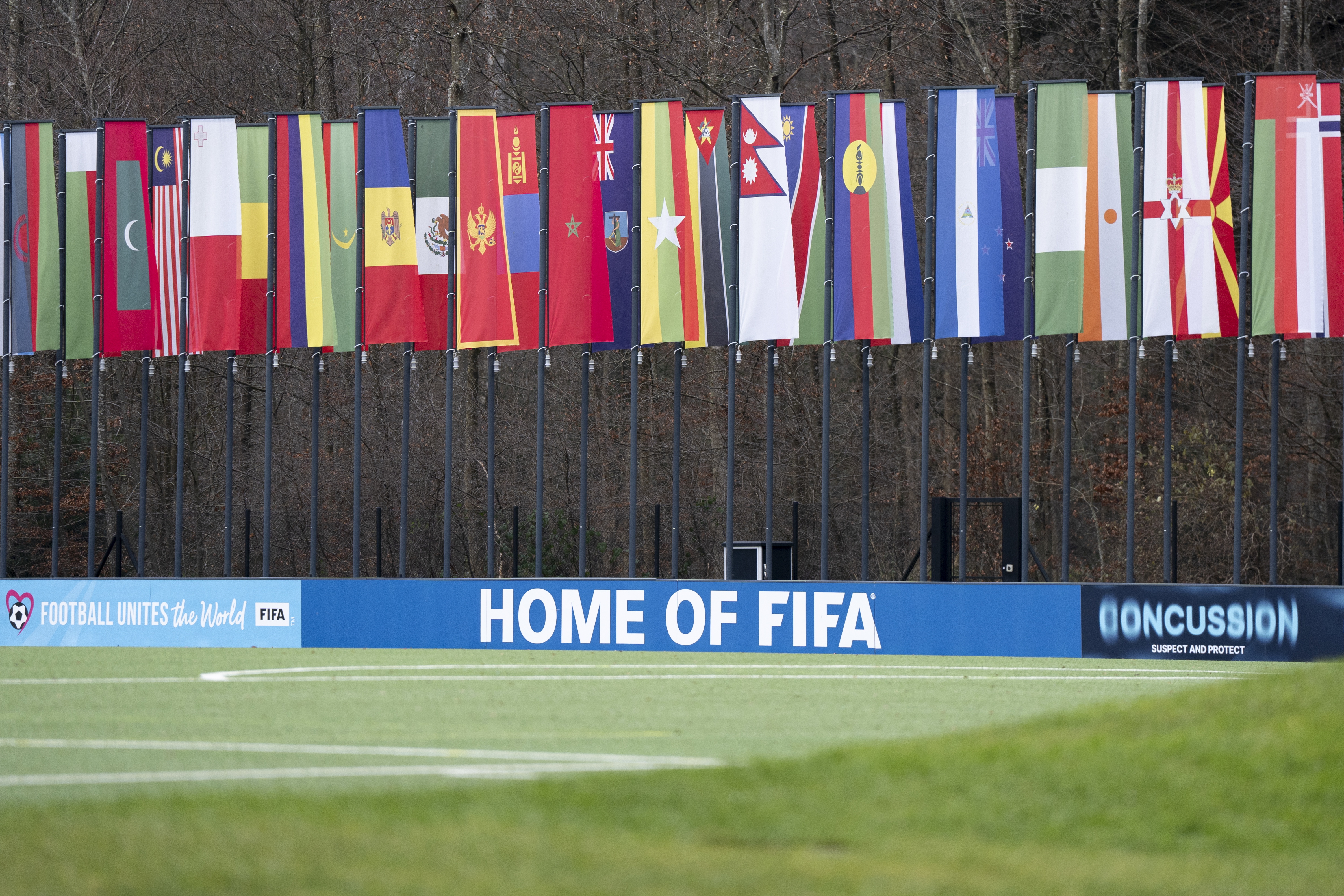 Zurich (Switzerland), 11/12/2024.- A view of a soccer pitch at the FIFA headquarters with flags of the federation's member states in the background in Zurich, Switzerland, 11 December 2024. The Extraordinary FIFA Congress 2024 takes place as an online event on 11 December and will designate the host countries of the FIFA World Cup 2030 and FIFA World Cup 2034. (Mundial de Fútbol, Suiza) EFE/EPA/TIL BUERGY