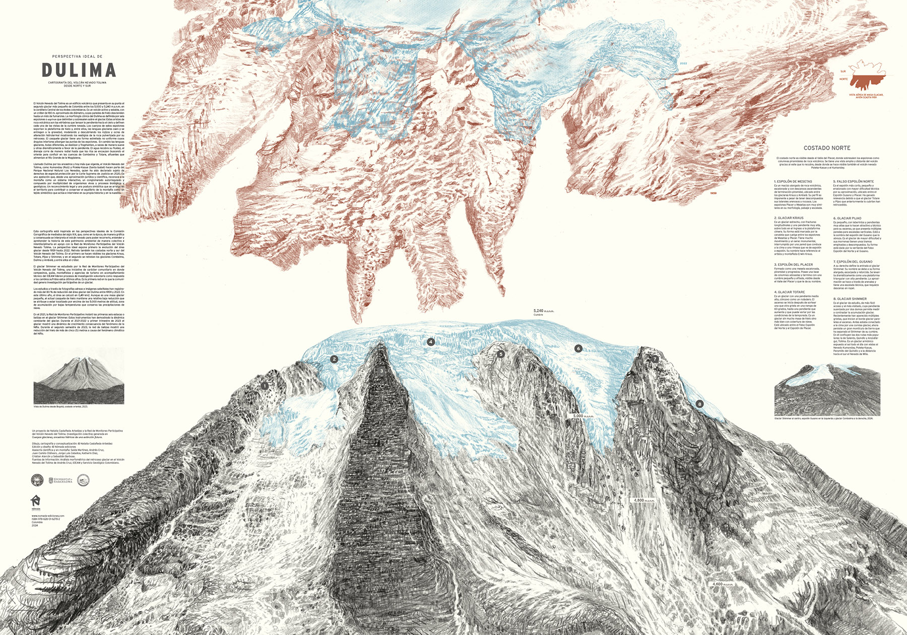 Perspectiva ideal de DULIMA, cartografía del volcán nevado el Tolima, Realizado por Natalia Castañeda Arbeláez y la Red de Monitoreo Participativo del Tolima, Editorial Nómada.  /Natalia Castañeda