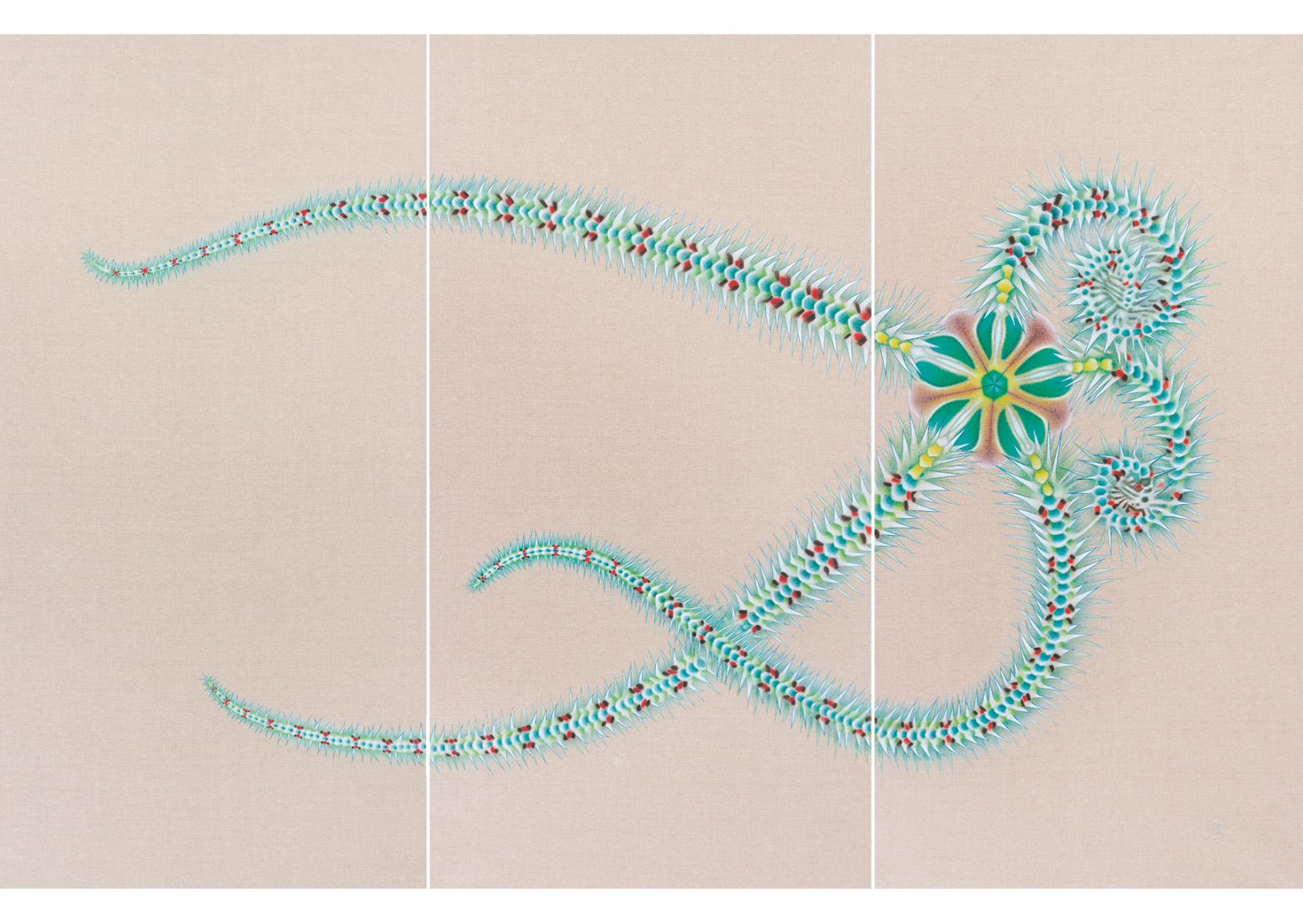 La obra “STELLA” de Miguel Böhmer, presentada en el Festival de Música Sacra, es un dibujo de gran formato que representa una estrella de mar, concebida como un máandala en movimiento. Este símbolo, asociado con la Gran Madre y la idea de equilibrio, invita a los espectadores a reflexionar sobre su lugar en la existencia.