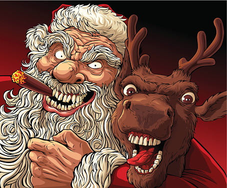 Very drunk Santa with cigar embracing crazy drunk deer after active Christmas holiday.