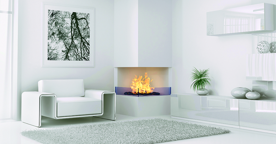 Interior of modern white room with armchair and fireplace 3d render