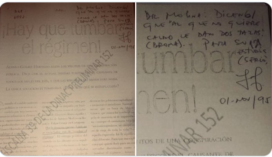 Nota informal del entonces director de Inteligencia, Laude José Fernández, a uno de sus subalternos con una entrevista a Álvaro Gómez Hurtado