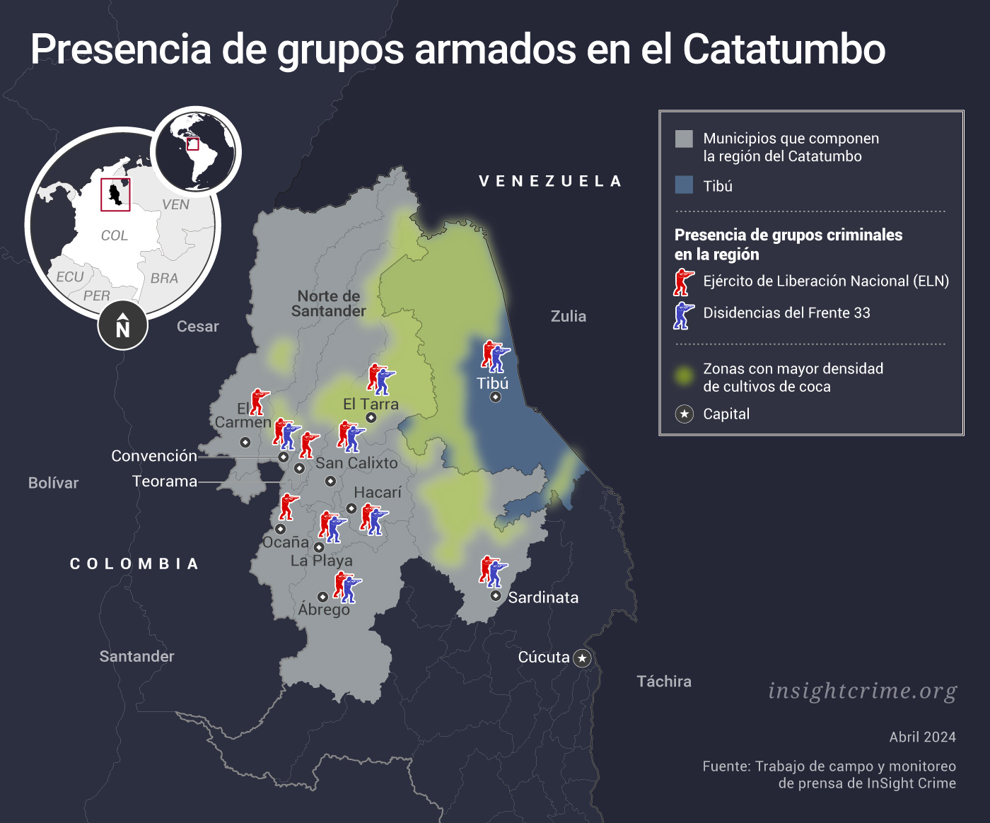 Mapa de la presencia de los grupos armados en el Catatumbo