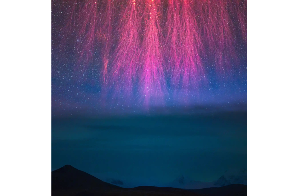 "No se trata, como podría parecer a primera vista, de un enorme extraterrestre, sino de los zarcillos inferiores de un sprite (rayo rojo). Esta descarga eléctrica rara vez vista se produce mucho más arriba en la atmósfera que los relámpagos normales (y de hecho, a pesar del nombre, se crea por un mecanismo diferente), dando a la imagen un sentido de escala intrigantemente engañoso. Aunque el degradado de colores es bello por sí mismo, la imagen también capta de forma impresionante la delicada estructura del plasma. Nos encanta que el fotógrafo no capte toda la estructura, que se extiende mucho más allá de la parte superior del encuadre.  Crea una imagen inquietante y alienígena que no puede evitar atraer la mirada", dijo el juez Bloomer.