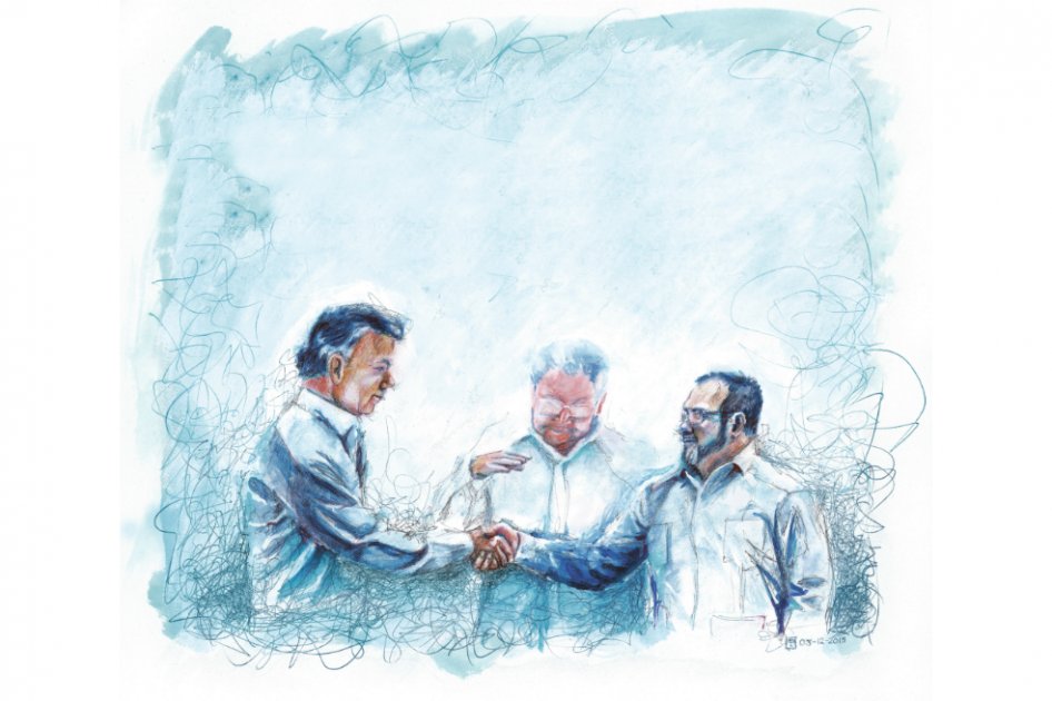 Recreación del momento en que Santos y Jiménez juntan sus manos, con el presidente cubano Raúl Castro de por medio, el 23 de septiembre. / Ilustración: Jorge Iglesias