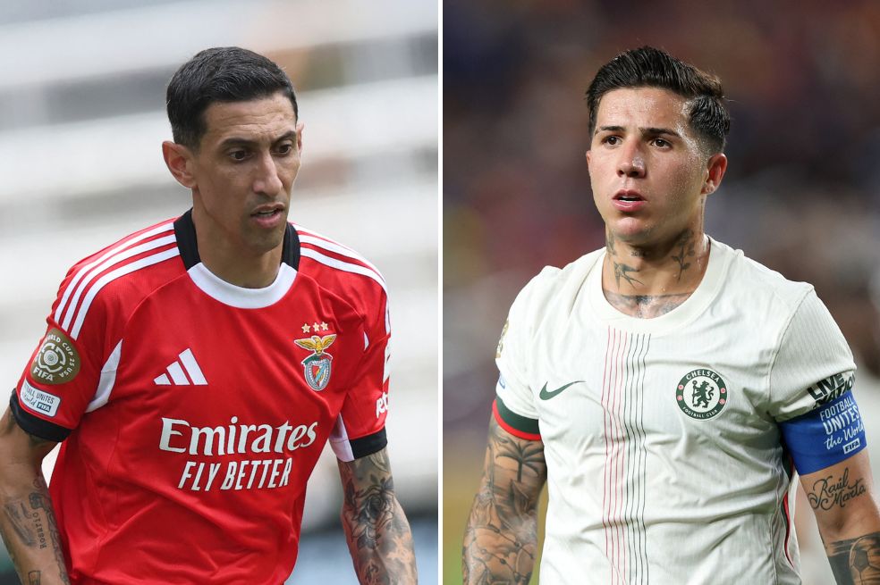 Ángel Di María y Enzo Fernández (der) están llamados a ser protagonistas en el partido entre Benfica y Chelsea por los octavos de final del Mundial de Clubes.