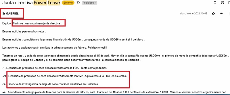 Aunque Morales niega tener relación con Power Leaves, este diario tiene registro de correos de 2022, en los que se refiere a resultados de juntas directivas. Este diario verificó la veracidad de los correos electrónicos.  / El Espectador.