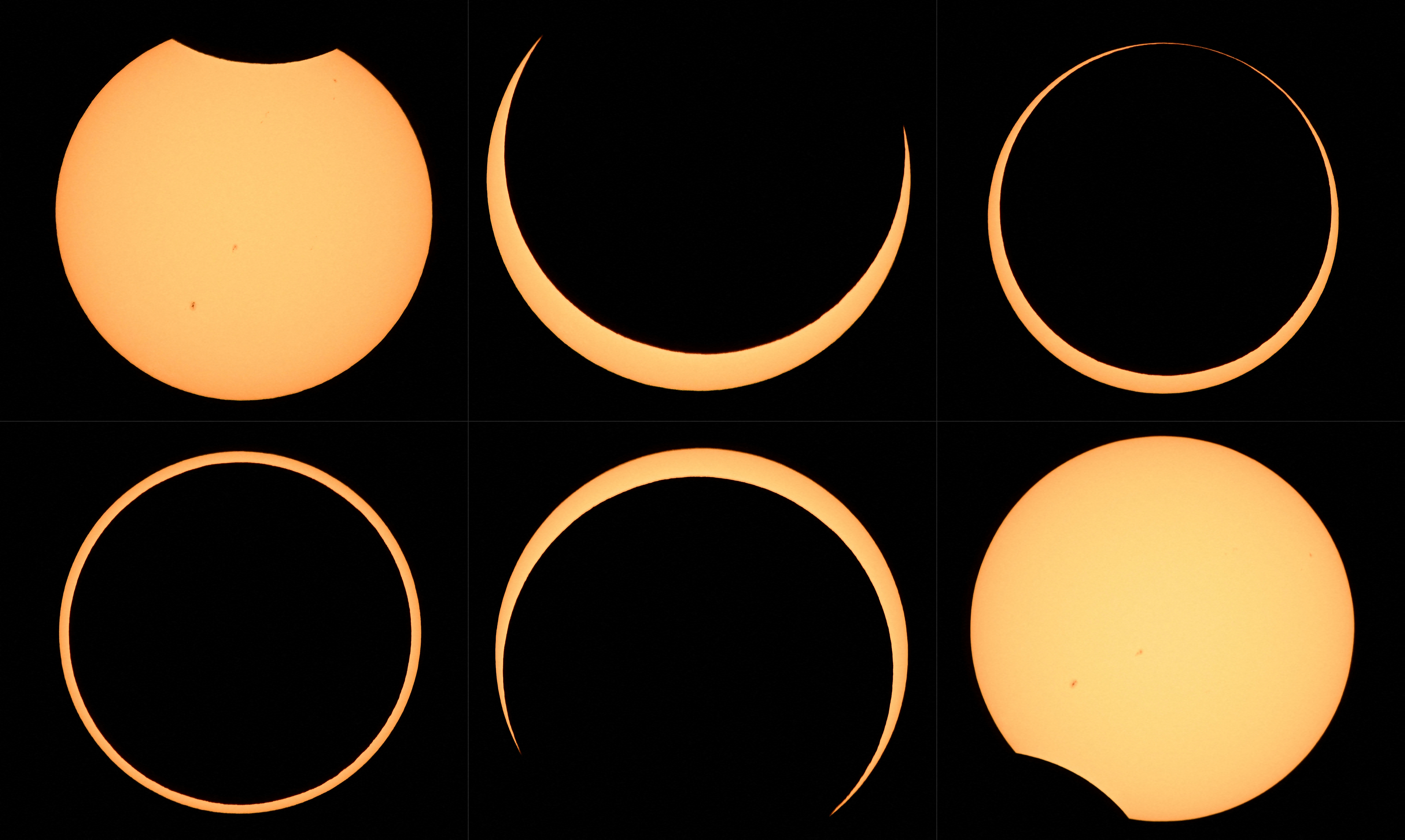 Esta combinación de imágenes creadas el 14 de octubre de 2023 muestra que la Luna cruza frente al Sol