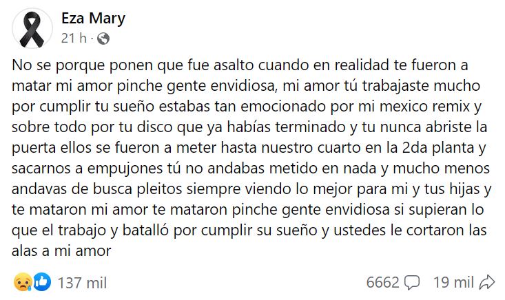 María Isabel, mejor conocida como Eza Mary, se pronunció sobre el asesinato de su esposo el pasado domingo.