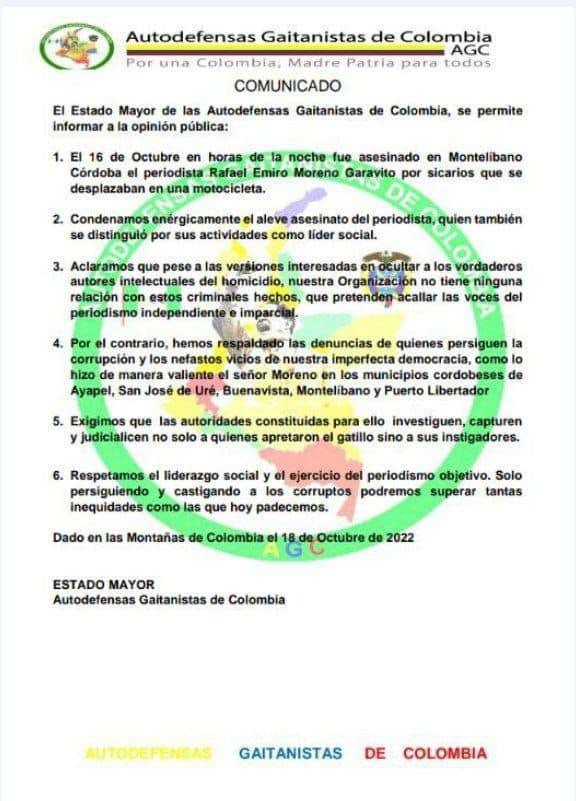 El 18 de octubre de 2022 el Clan del Golfo negó la autoría del asesinato del periodista Rafael Emiro Moreno.