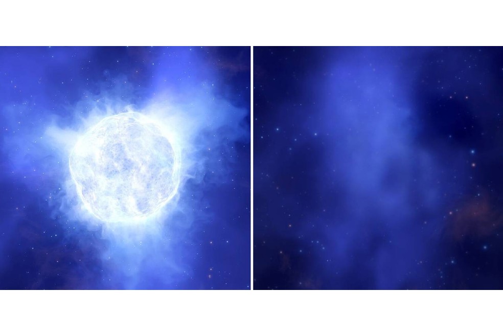 Ilustración del aspecto que podría haber tenido la estrella luminosa azul de la galaxia enana Kinman (izquierda) antes de su misteriosa desaparición (derecha).