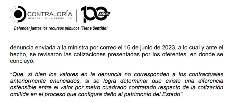 Este es un extracto del informe de la Contraloría en el que retoman el argumento del Ministerio de Agricultura sobre la denuncia de supuesto sobrecosto.