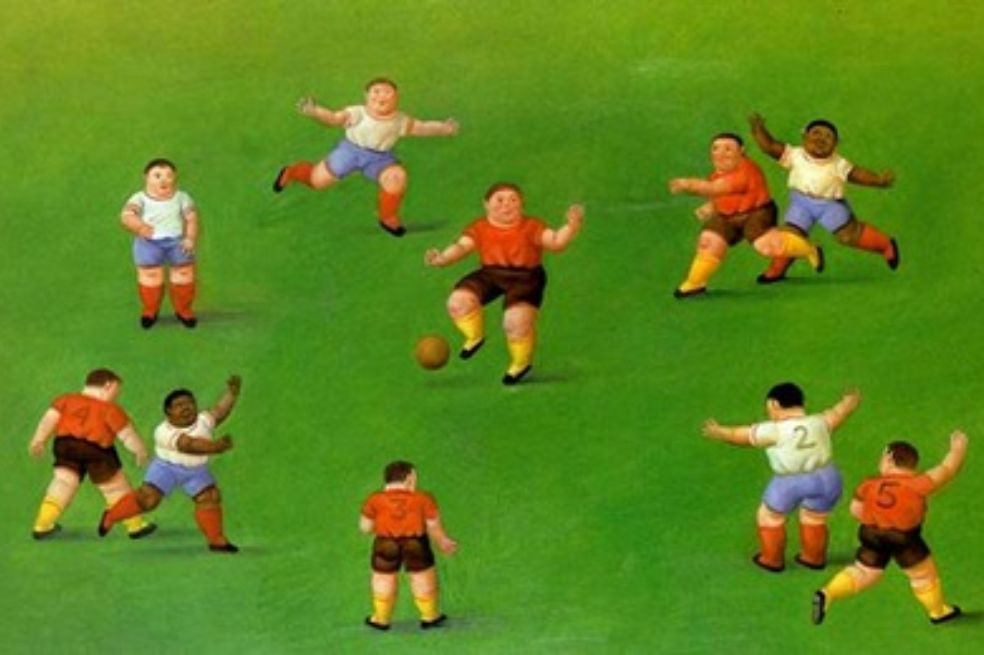 Niños jugando al fútbol, pintura de Fernando Botero