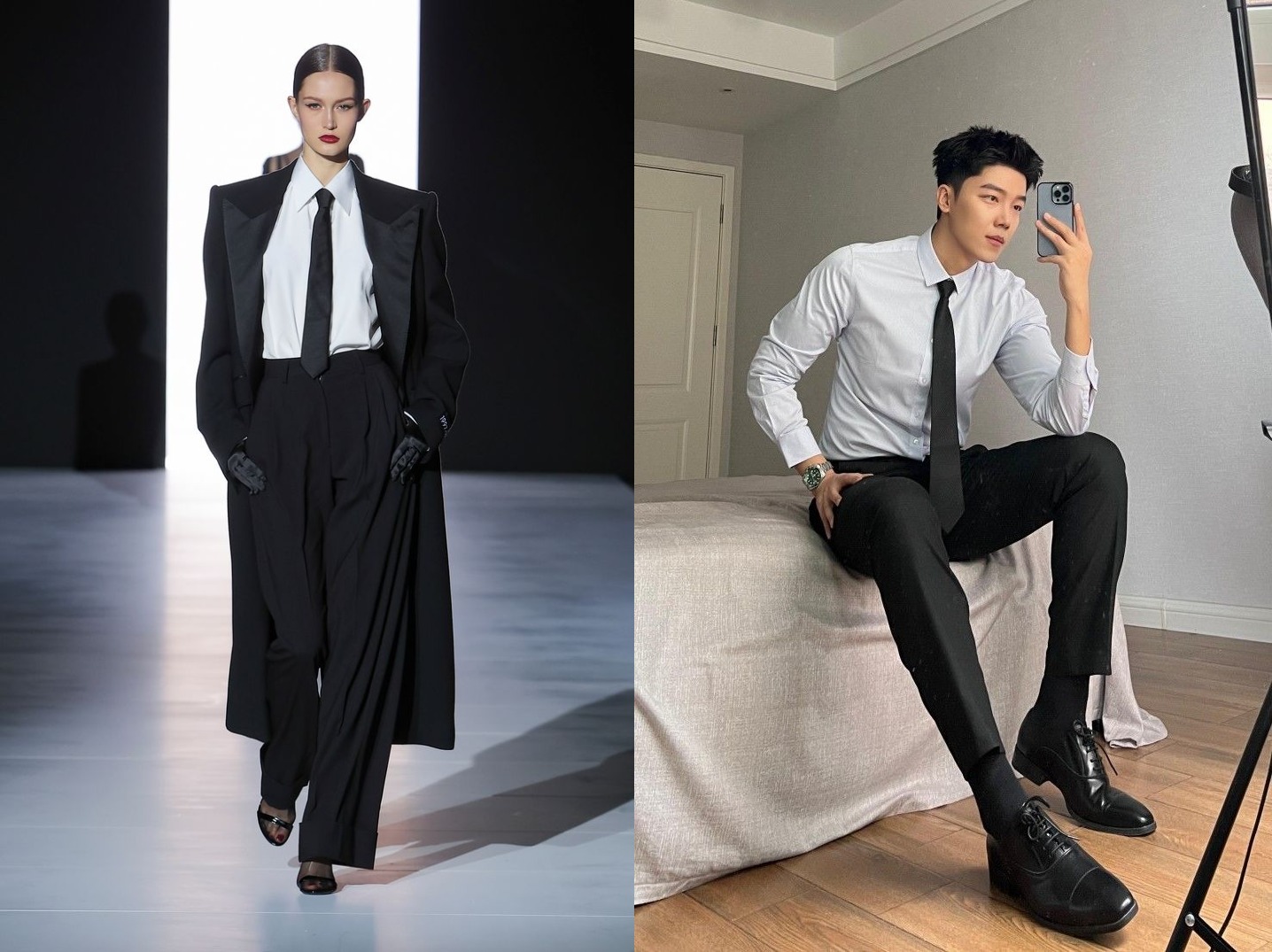 Para eventos formales, un traje de color neutro puede ser una excelente opción unisex. Los trajes no son solo para hombres, las mujeres también pueden lucirlos con elegancia.