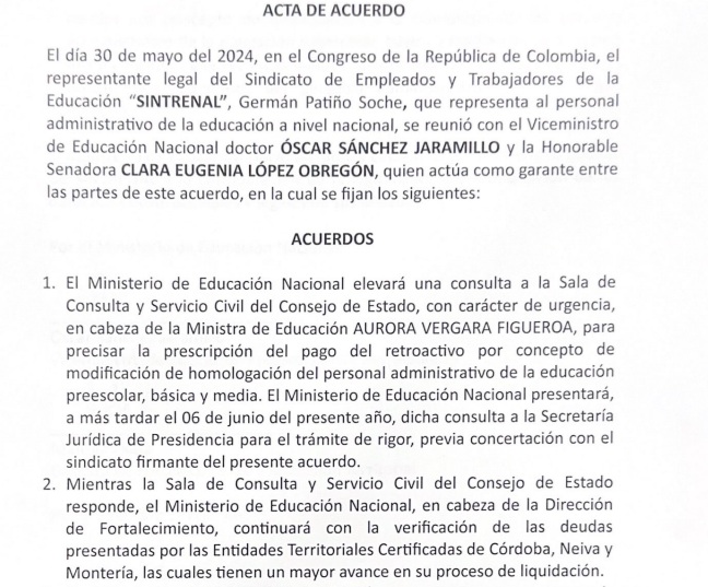 El Ministerio de Educación y Sintrenal acordaron elevar su consulta al Consejo de Estado. Ambas partes acordaron que acatarían el resultado.
