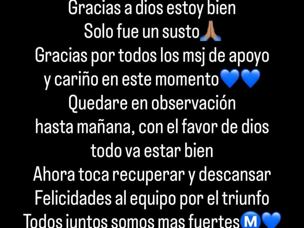 Mensaje de Rodrigo Contreras en sus redes sociales después de su aparatoso golpe en la cabeza en el partido de Millonarios y Boston River por la Copa Sudamericana en el estadio El Campín.