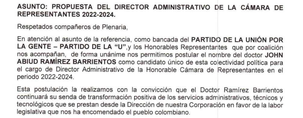 Partido de La U postuló a John Abiud Ramírez como director administrativo de la Cámara