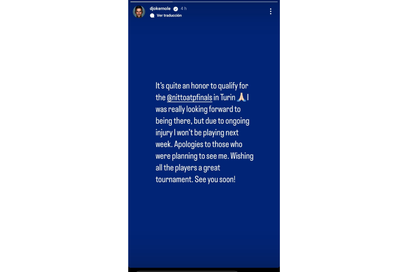 Novak Djokovic anunció su ausencia en las ATP Finals en su cuenta de Instagram.