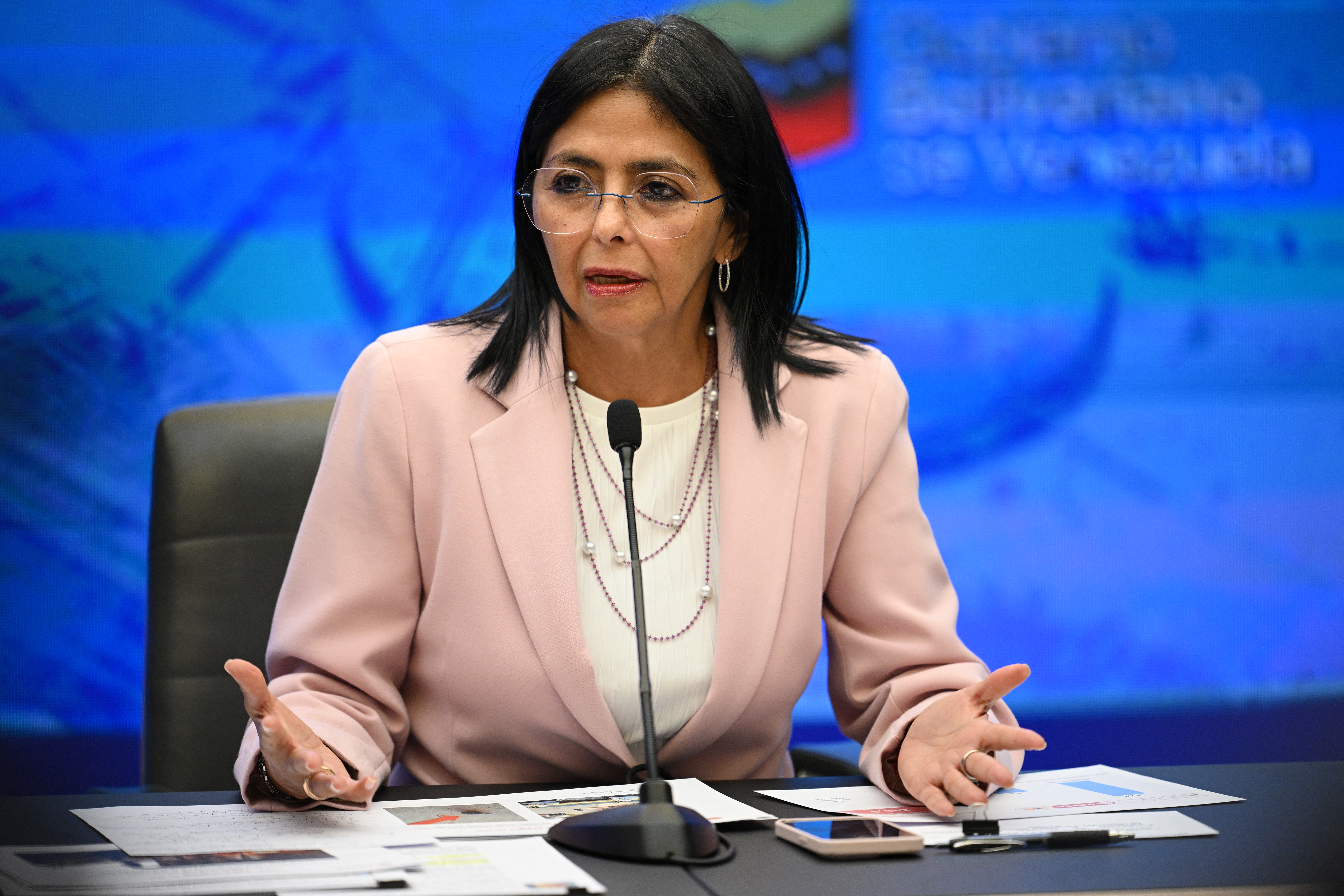 Venezuela's Vice President Delcy Rodriguez speaks during a press conference at Miraflores Presidential Palace in Caracas, on November 18, 2024. (Photo by Federico PARRA / AFP)