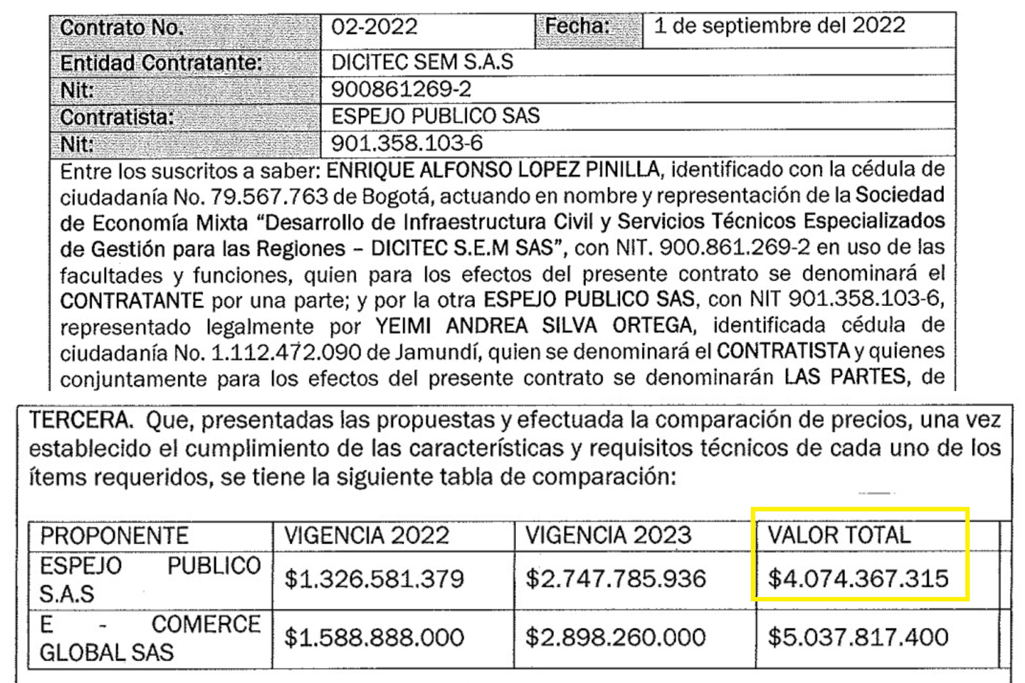 Contrato entre Dicitec y Espejo Público.