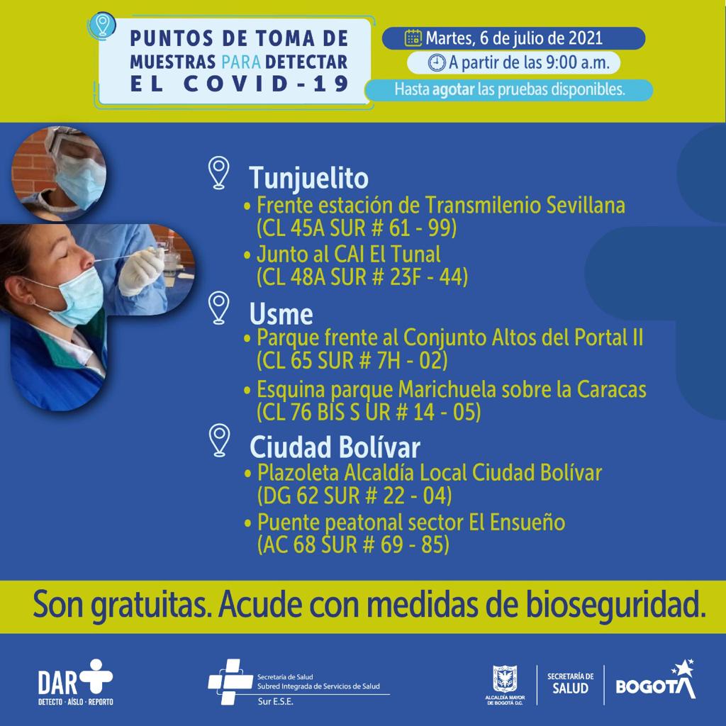 En estos puntos hay pruebas para COVID-19 este marte en Bogotá