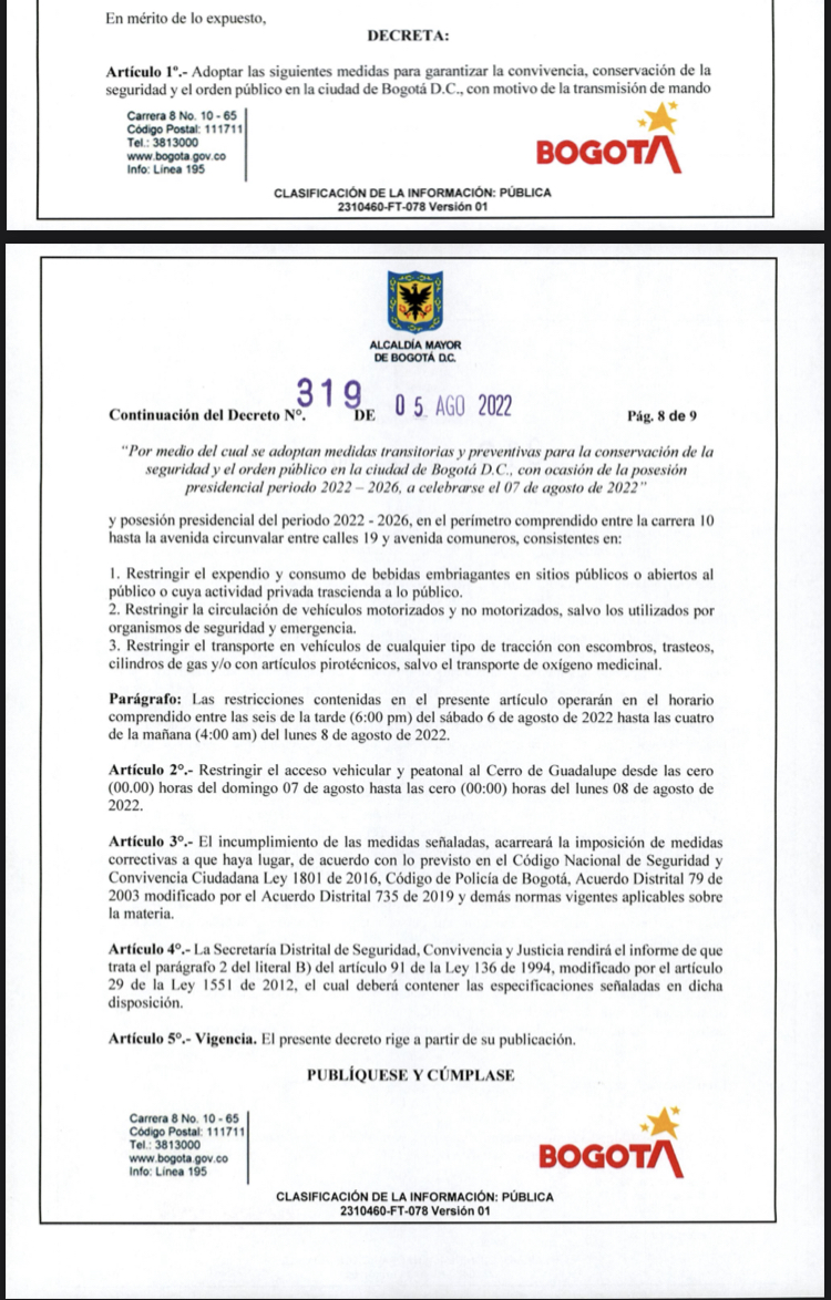 El decreto fue firmado por la alcaldesa de Bogotá, Claudia López y los secretarios de Gobierno, Movilidad y de Seguridad, Convivencia y Justicia.