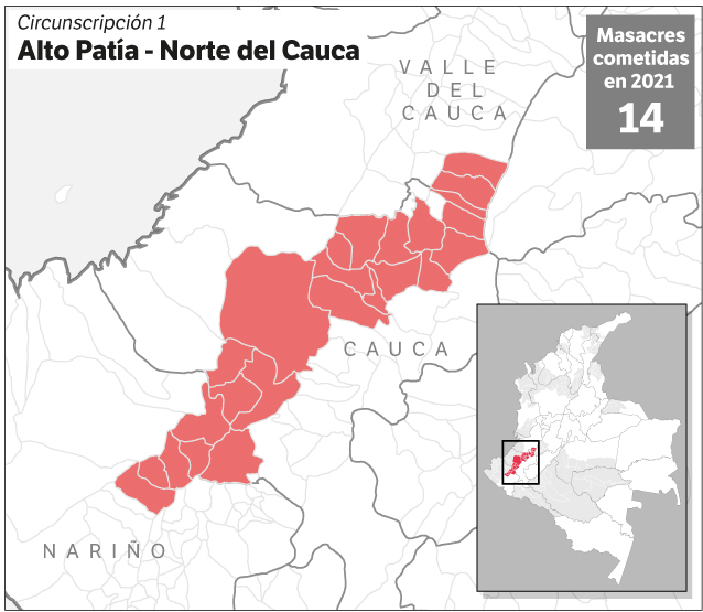 Según el Instituto de Estudios para el Desarrollo y la Paz (INDEPAZ), durante el 2021 se registraron 14 masacres, de las cuales, 12 se perpetraron en el departamento del Cauca.