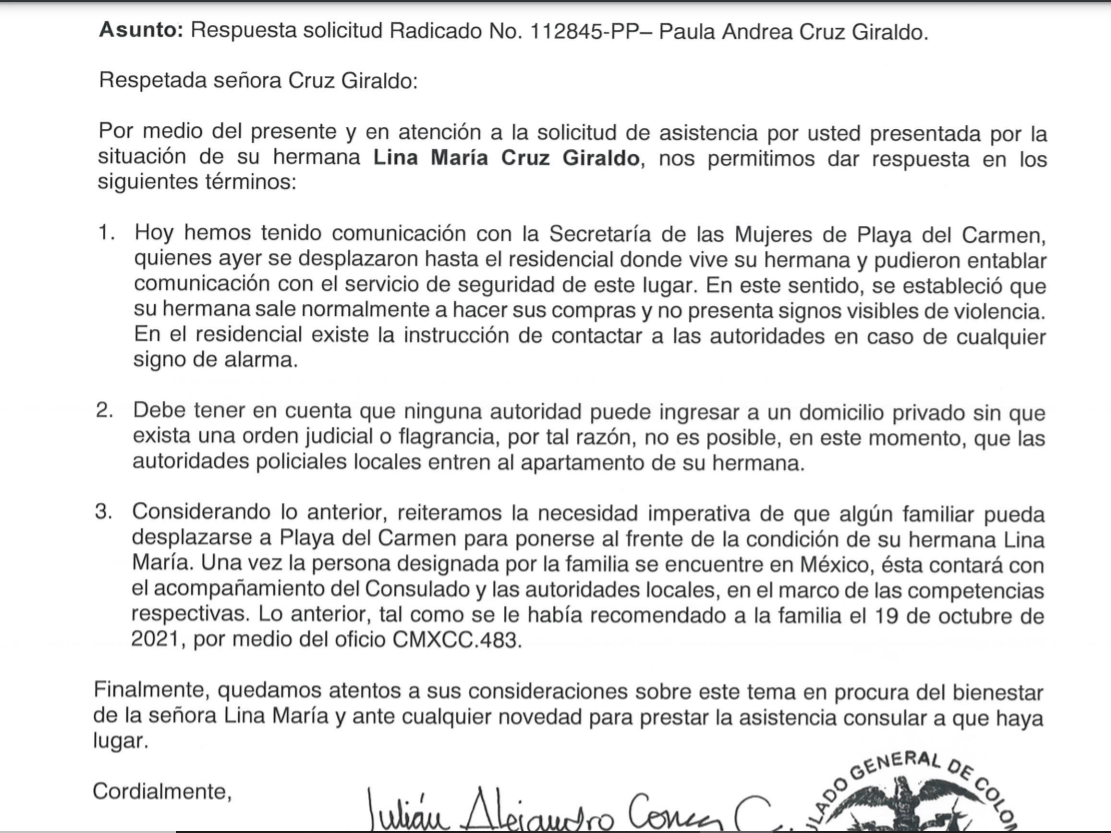 La Cancillería respondió a la familia Cruz que Lina María tenía más o menos establecida una rutina.