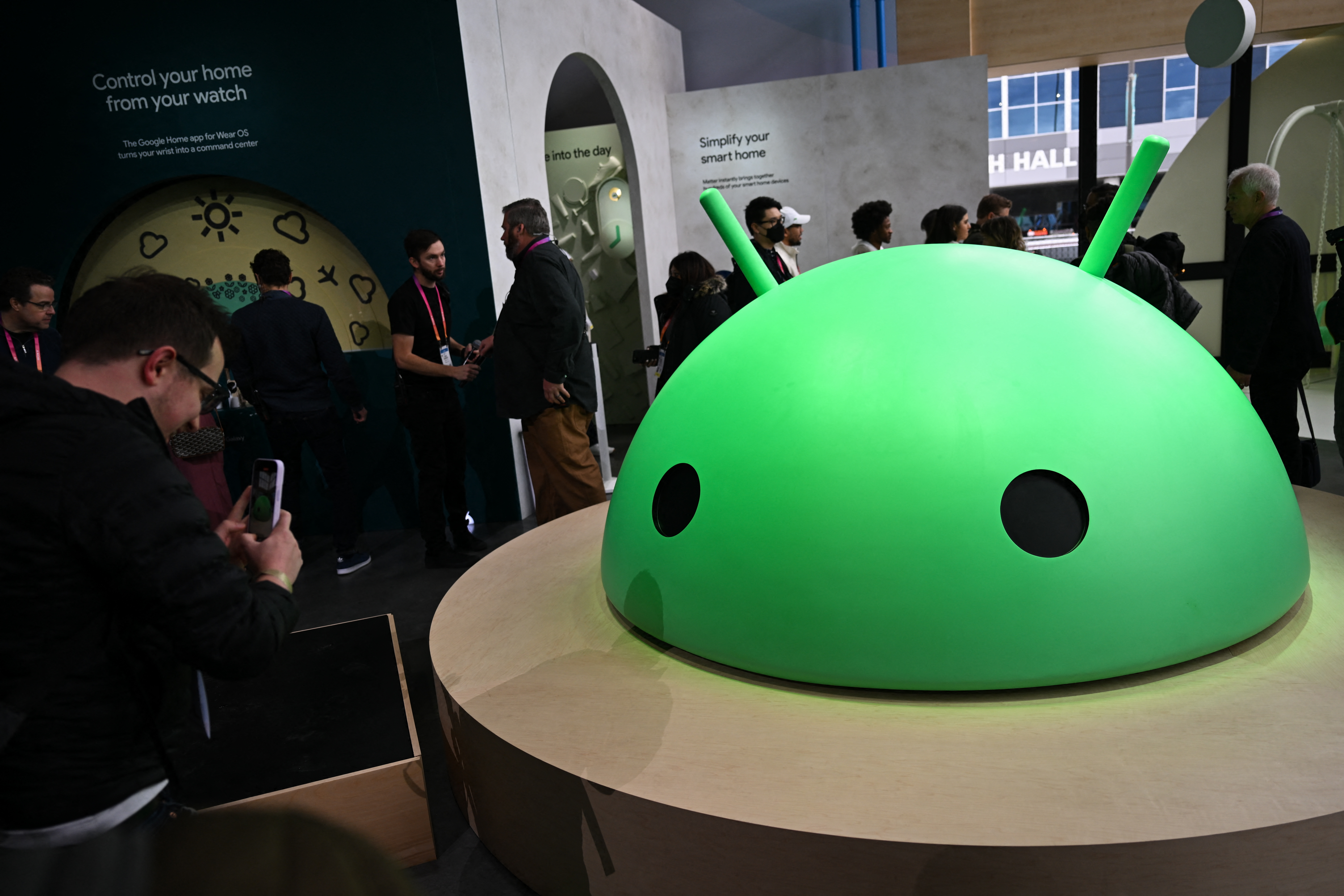 FILES) A large Android logo head is displayed at Alphabet’s Google Android plaza booth during the Consumer Electronics Show (CES) in Las Vegas, Nevada on January 5, 2023.