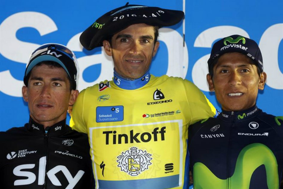 El podio de la Vuelta al País Vasco: Sergio Luis Henao (i), Alberto Contador (c) y Nairo Quintana (d). / EFE
