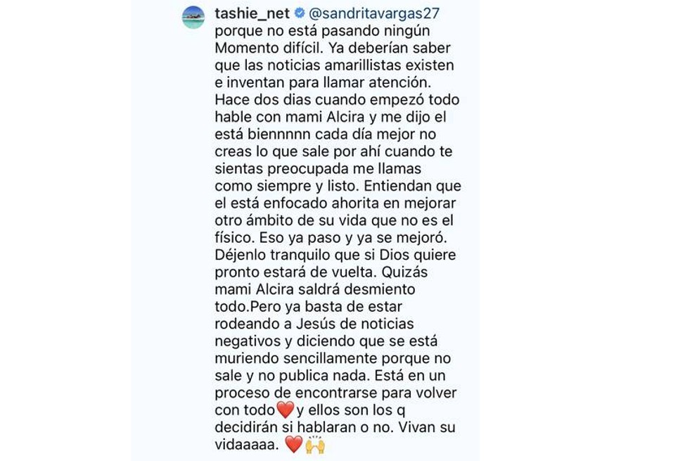 Natasha Araos negó que su exesposo Chyno Miranda se está debatiendo entre la vida y la muerte, como se ha especulado en los últimos días.