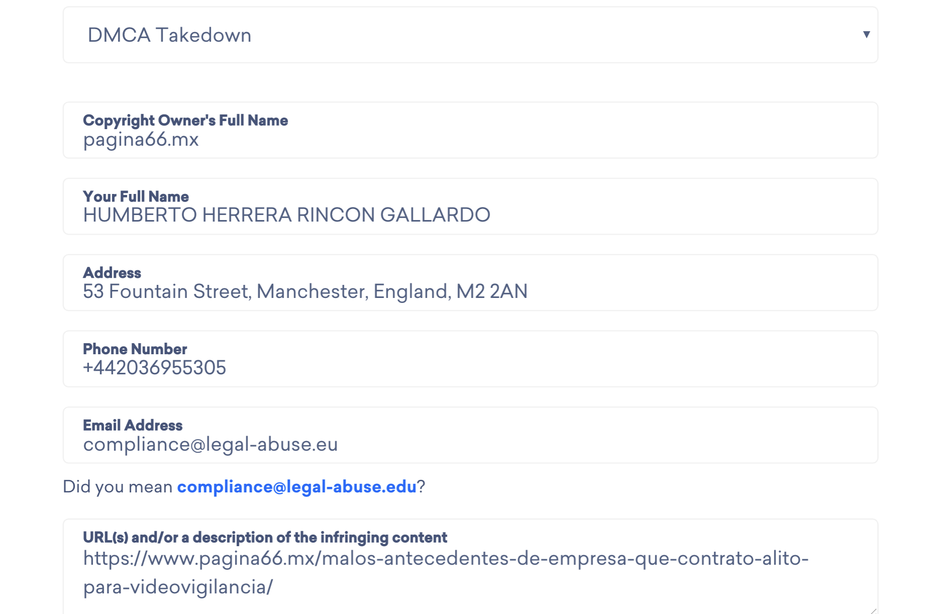 Un aviso de eliminación de DMCA presentado por Gallardo contra Página66.