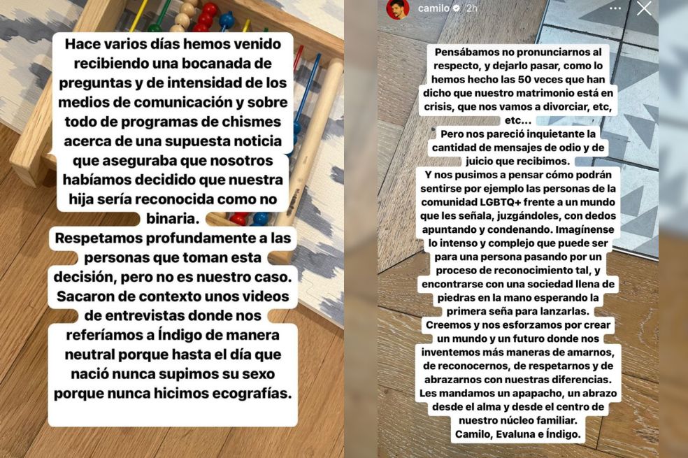 La pareja de esposos Camilo Echeverry y Evaluna Montaner dieron fin a los rumores de crisis en su matrimonio y hablan sobre el género no binario de su hija, Índigo.
