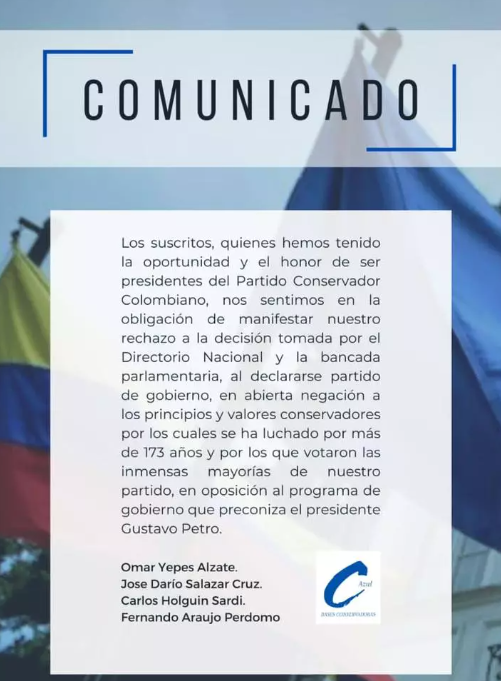 El comunicado fue firmado por Omar Yepes Álzate, José Darío Salazar Cruz, Carlos Holguín Sardiy Fernando Araujo Perdomo.