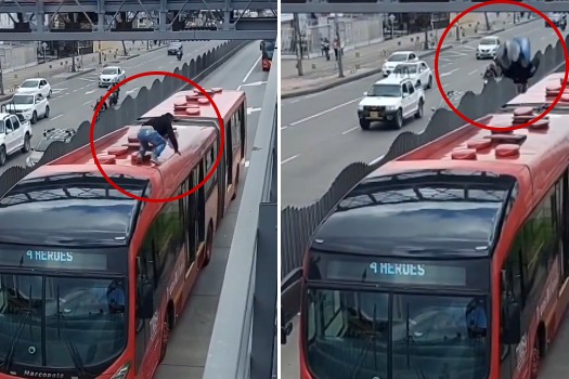 Graban acrobacia en Transmilenio: hombre saltó de un puente al techo de un bus