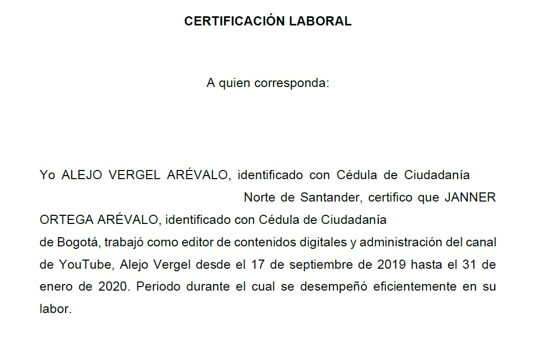 Este es el documento con el que el influenciador Alejo Vergel certificó la experiencia de uno de sus colaboradores para entrar a la ARN.  / Secop