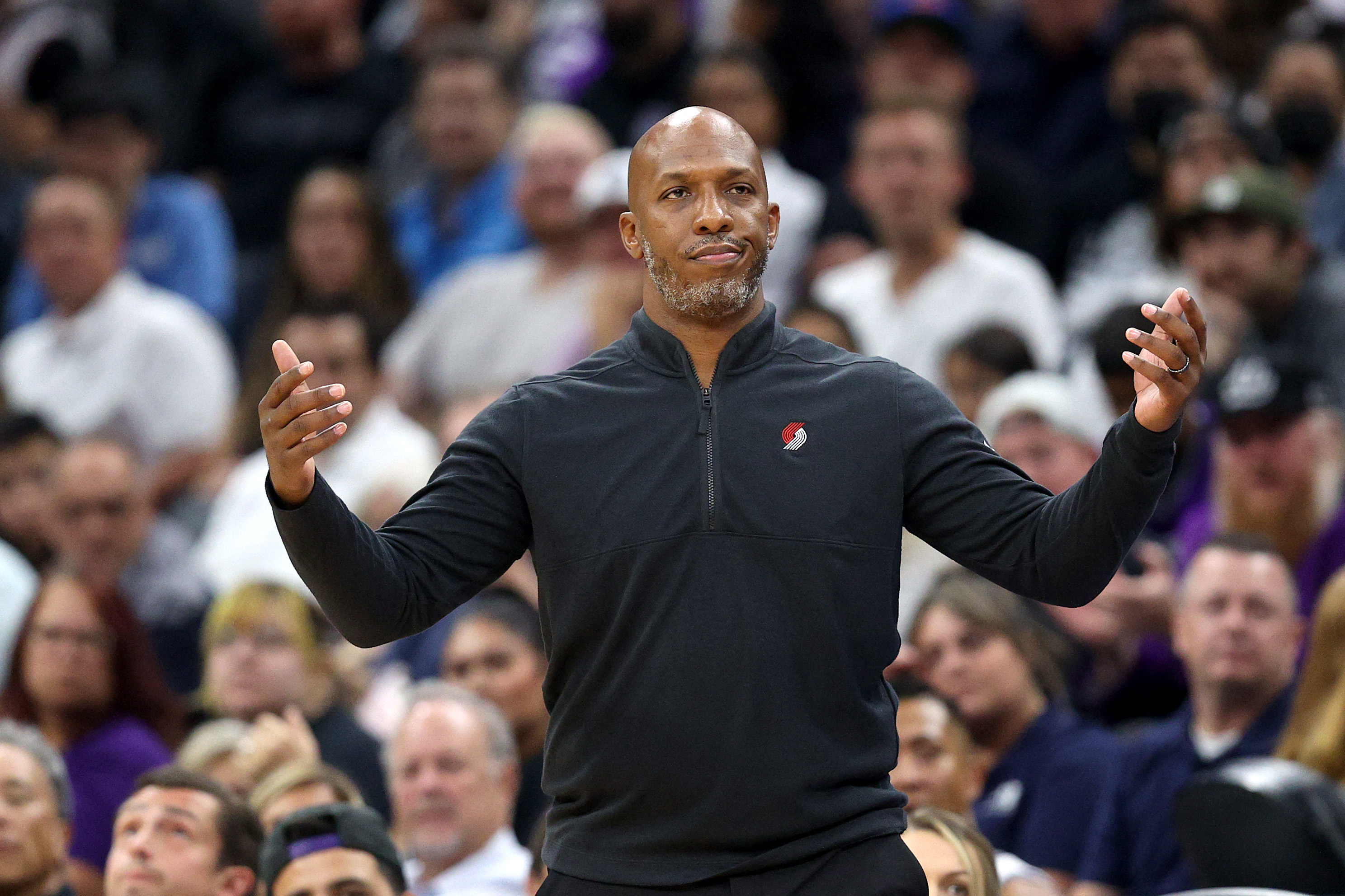 (FILES) Head coach Chauncey Billups of the Portland Trail Blazers reacts on the side of the court during their game against the Sacramento Kings at Golden 1 Center on October 19, 2022 in Sacramento, California.