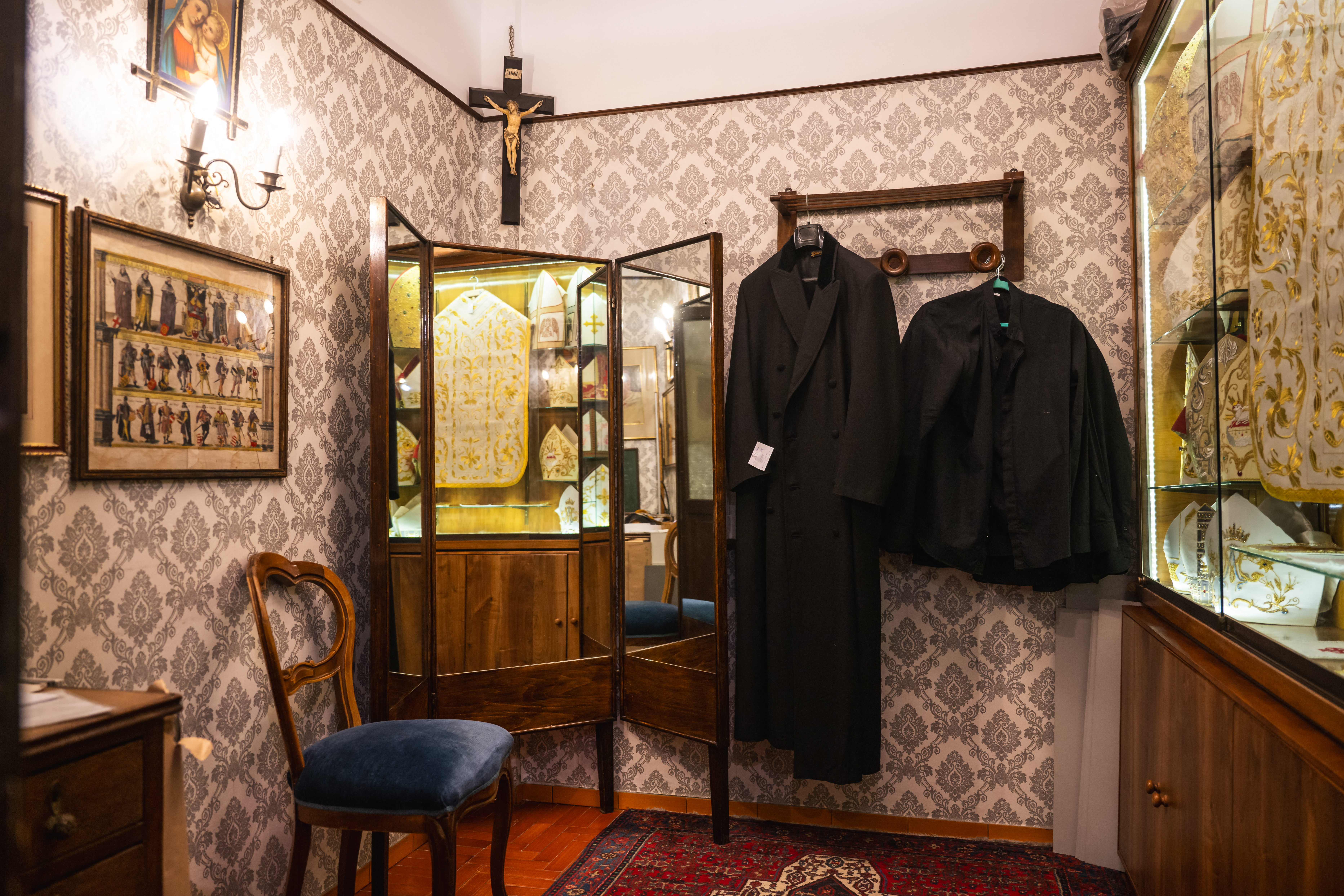 This photograph shows the changing room at the Gammarelli tailor shop in Rome, on April 24, 2025.