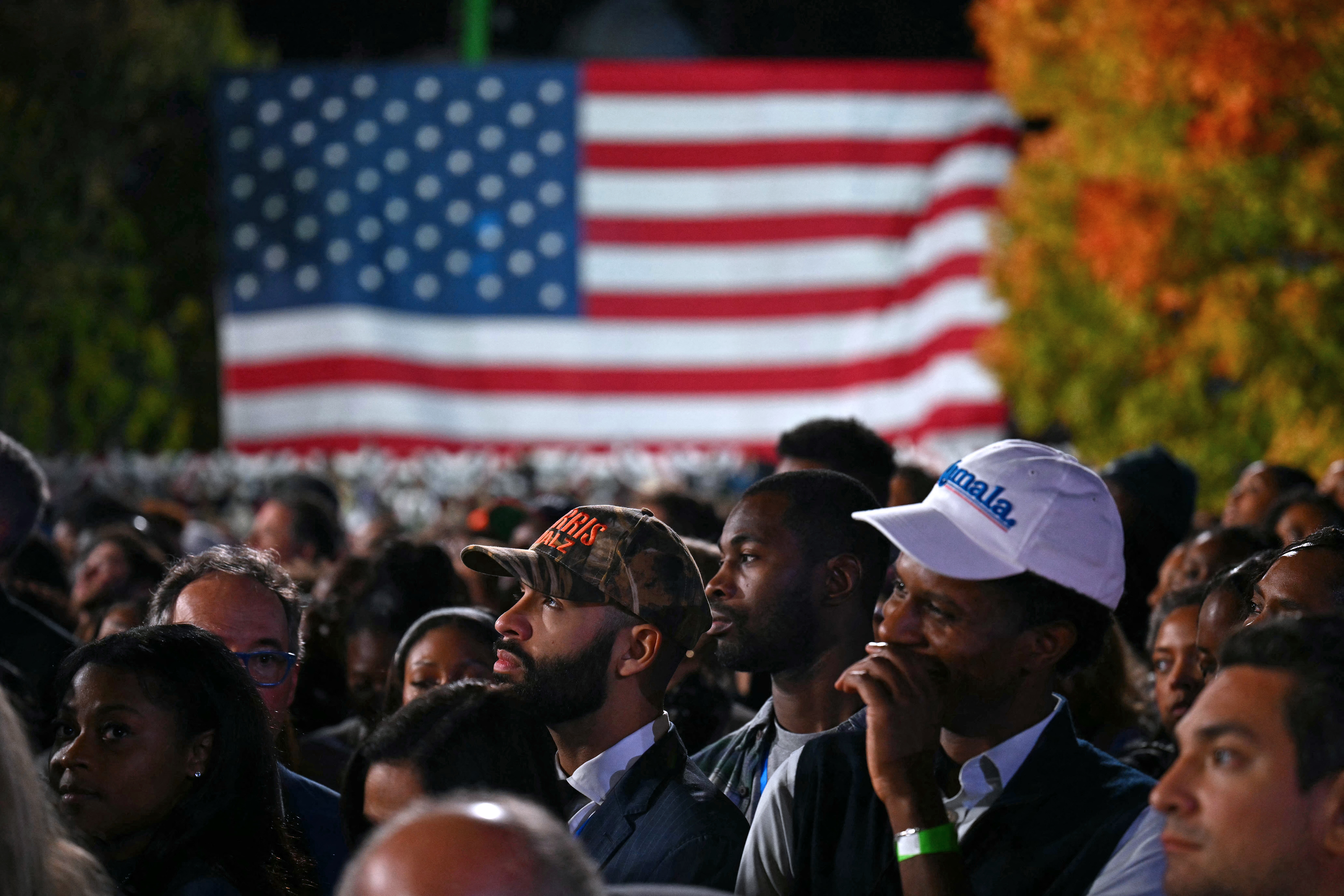 Supporters watch election results as they attend an election night event for US Vice President and Democratic presidential candidate Kamala Harris at Howard University in Washington, DC, on November 5, 2024. (Photo by ANGELA WEISS / AFP)