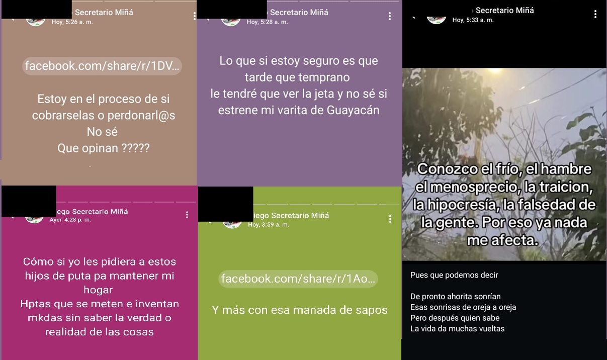 Estados en redes sociales y mensajes intimidatorios y amenazantes que el secretario de la Institución Educativa Rural Departamental Miñá y Ticha, en Guachetá (Cundinamarca), Diego Mauricio Carvajal ha estado poniendo tras la publicación de su caso (se oculta la imagen del perfil, porque es de su hijo menor de edad).