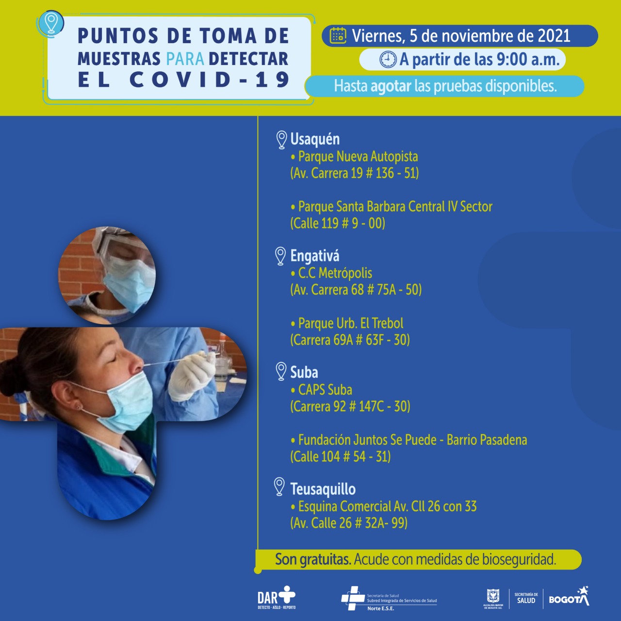 ¿Dónde hay pruebas gratuitas para Covid-19 este viernes en Bogotá?