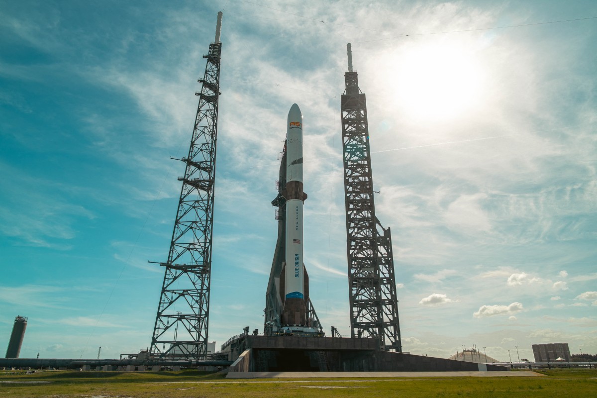 This Blue Origin handout photo obtained on April 17, 2026, shows Blue Origin's New Glenn rocket at Launch Complex 36 at the Kennedy Space Center at Cape Canaveral, Florida, on April 13, 2026.
