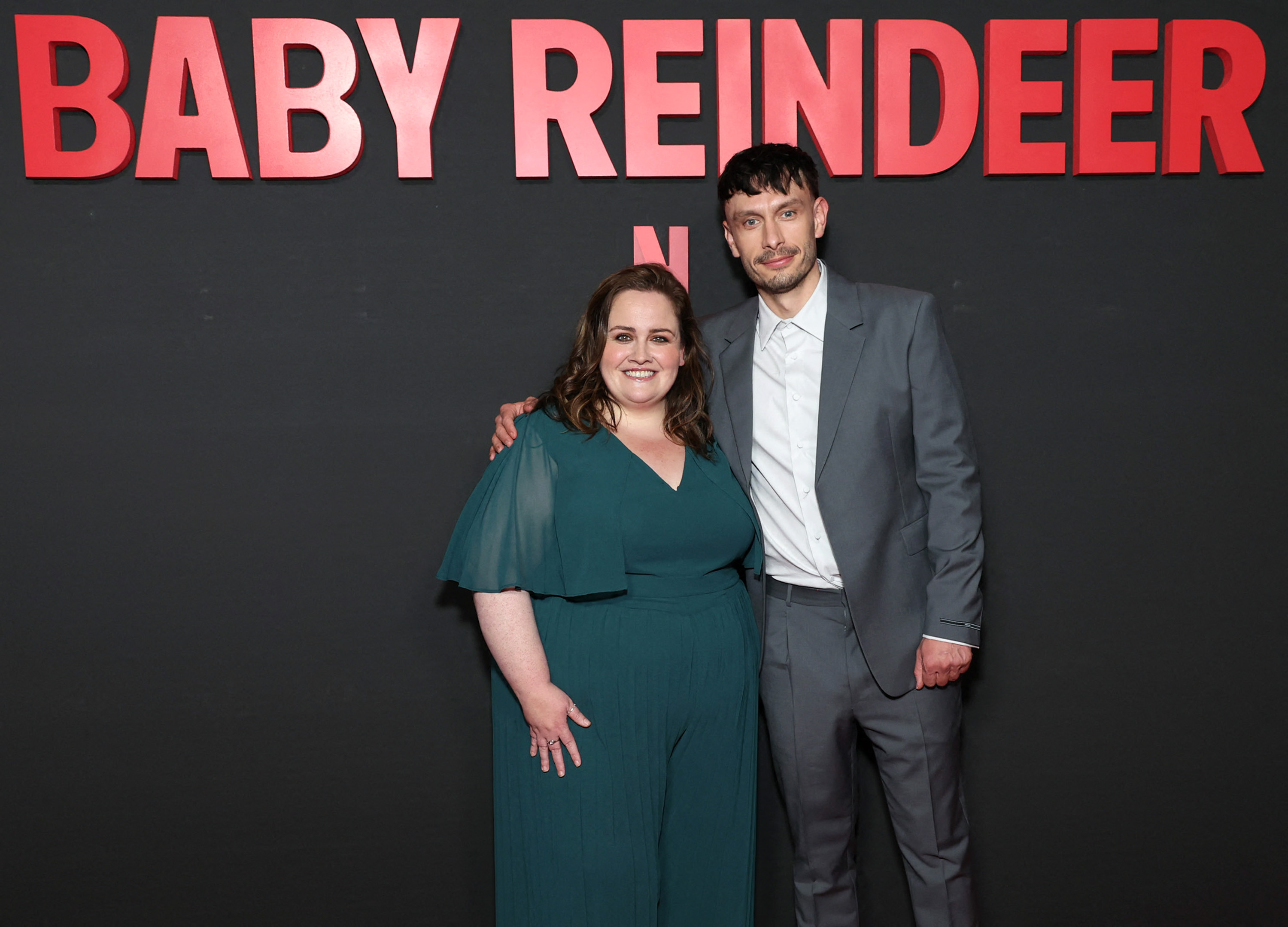 (FILES) Jessica Gunning (L) and Richard Gadd attend the photocall for Netflix's "Baby Reindeer" at DGA Theater Complex on May 07, 2024 in Los Angeles, California.